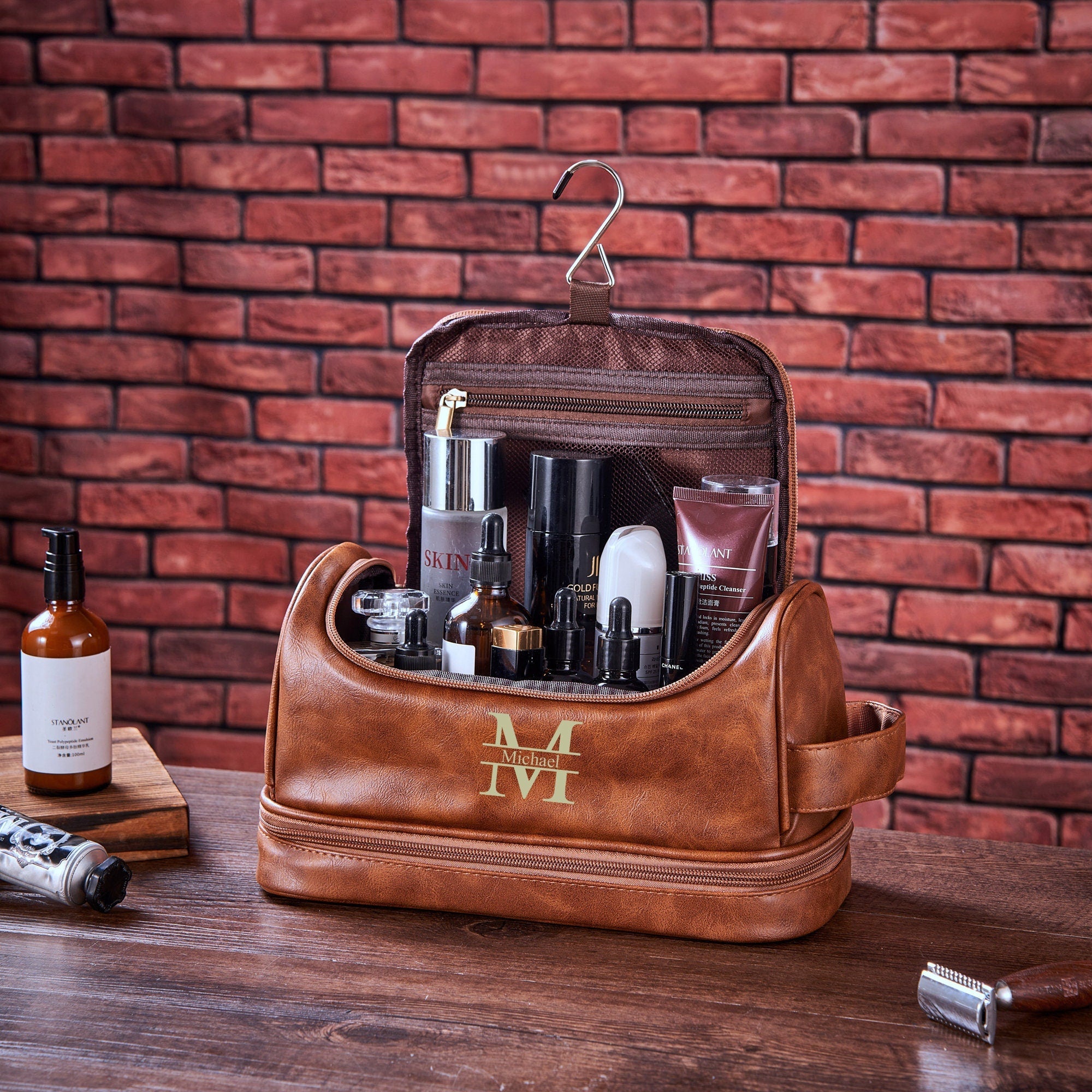 Faux Leather Hanging Toiletry Bag, Dopp Kits Personalized