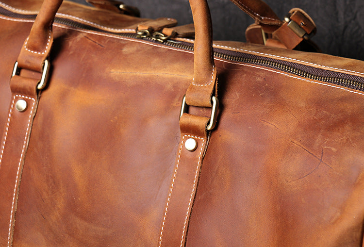 Vintage Crazy Horse Leather Duffle Bag with Shoes Compartment, Travel Bag, Weekend Bag