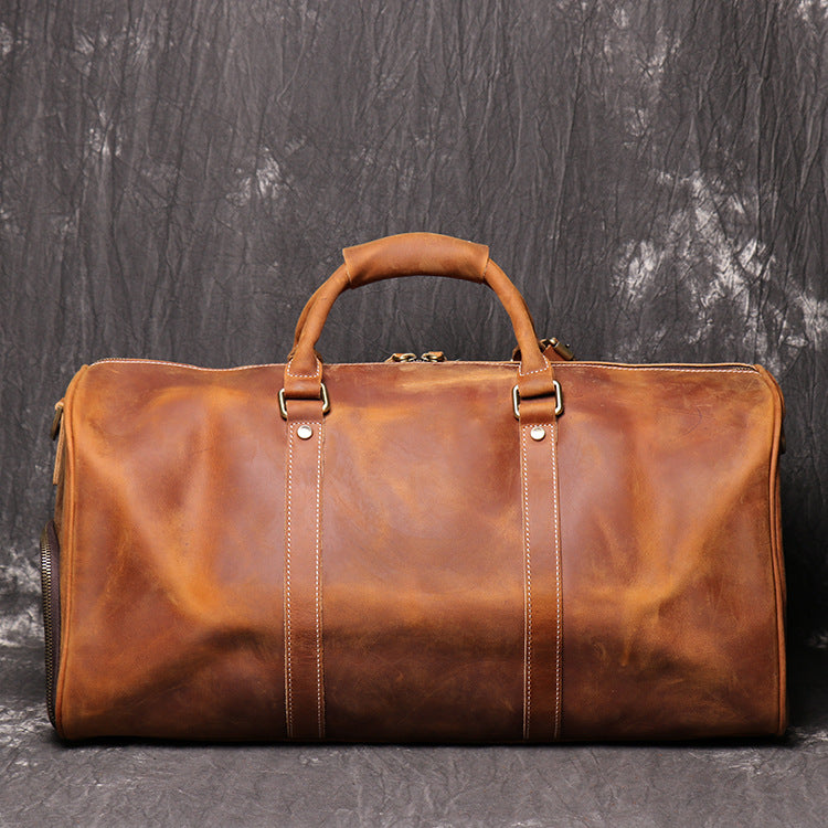 Vintage Crazy Horse Leather Duffle Bag with Shoes Compartment, Travel Bag, Weekend Bag