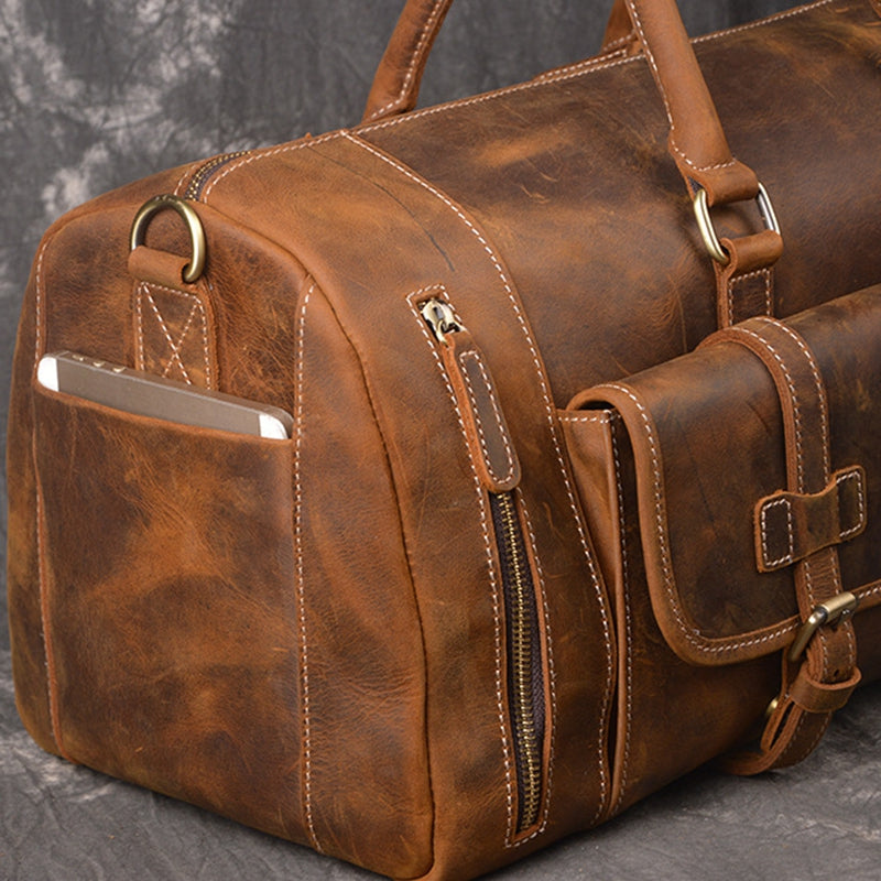 Handmade Full Grain Leather Luggage Bag, Vintage Weekend Bag, Travel Bag LJ1188 - ROCKCOWLEATHERSTUDIO