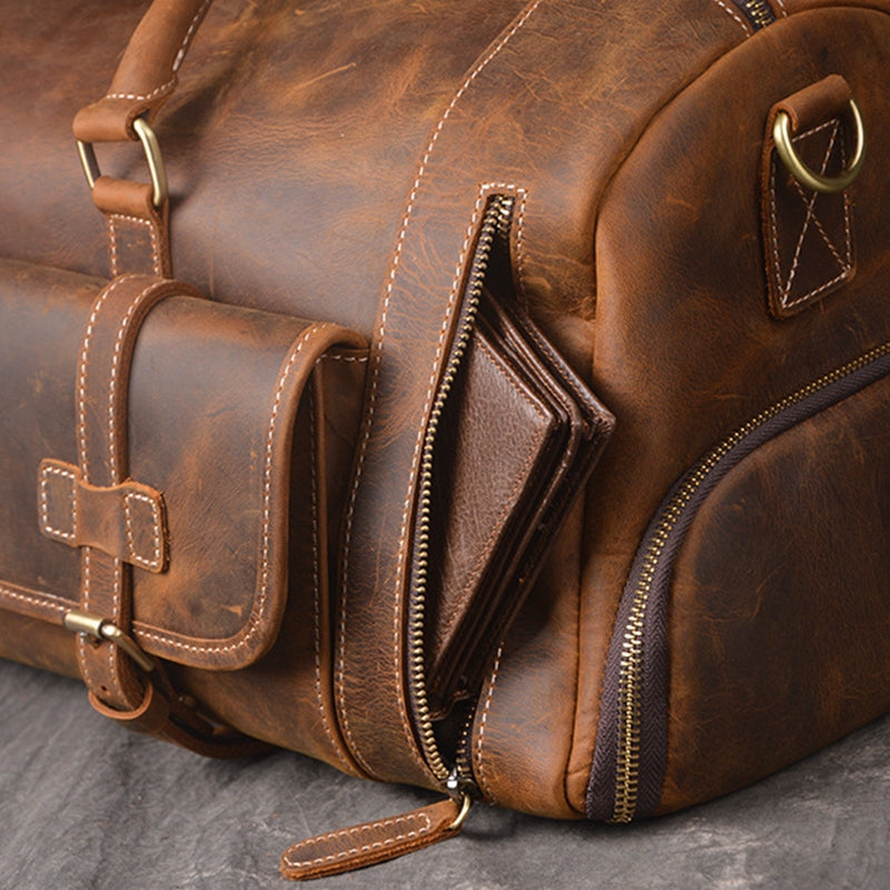 Handmade Full Grain Leather Luggage Bag, Vintage Weekend Bag, Travel Bag LJ1188 - ROCKCOWLEATHERSTUDIO