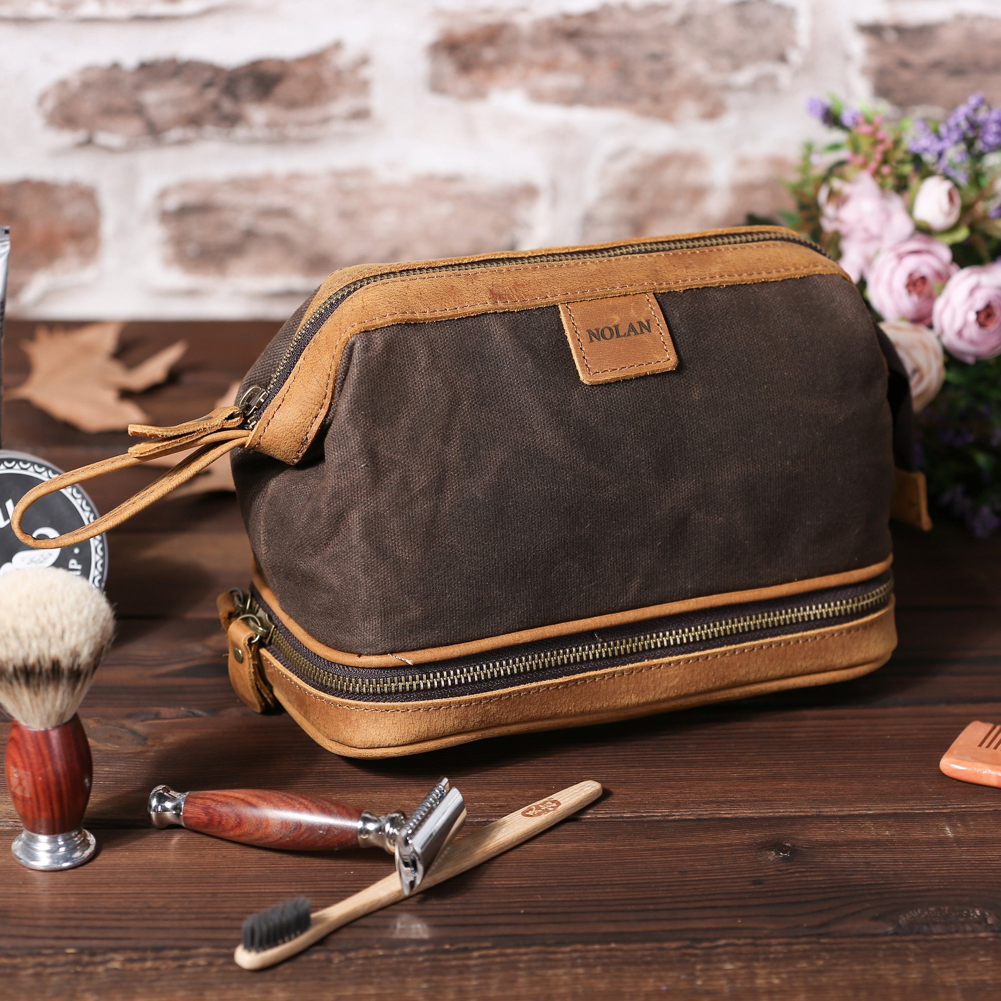 Personalized Waxed Canvas Dopp Kit Mens Toiletry Bag