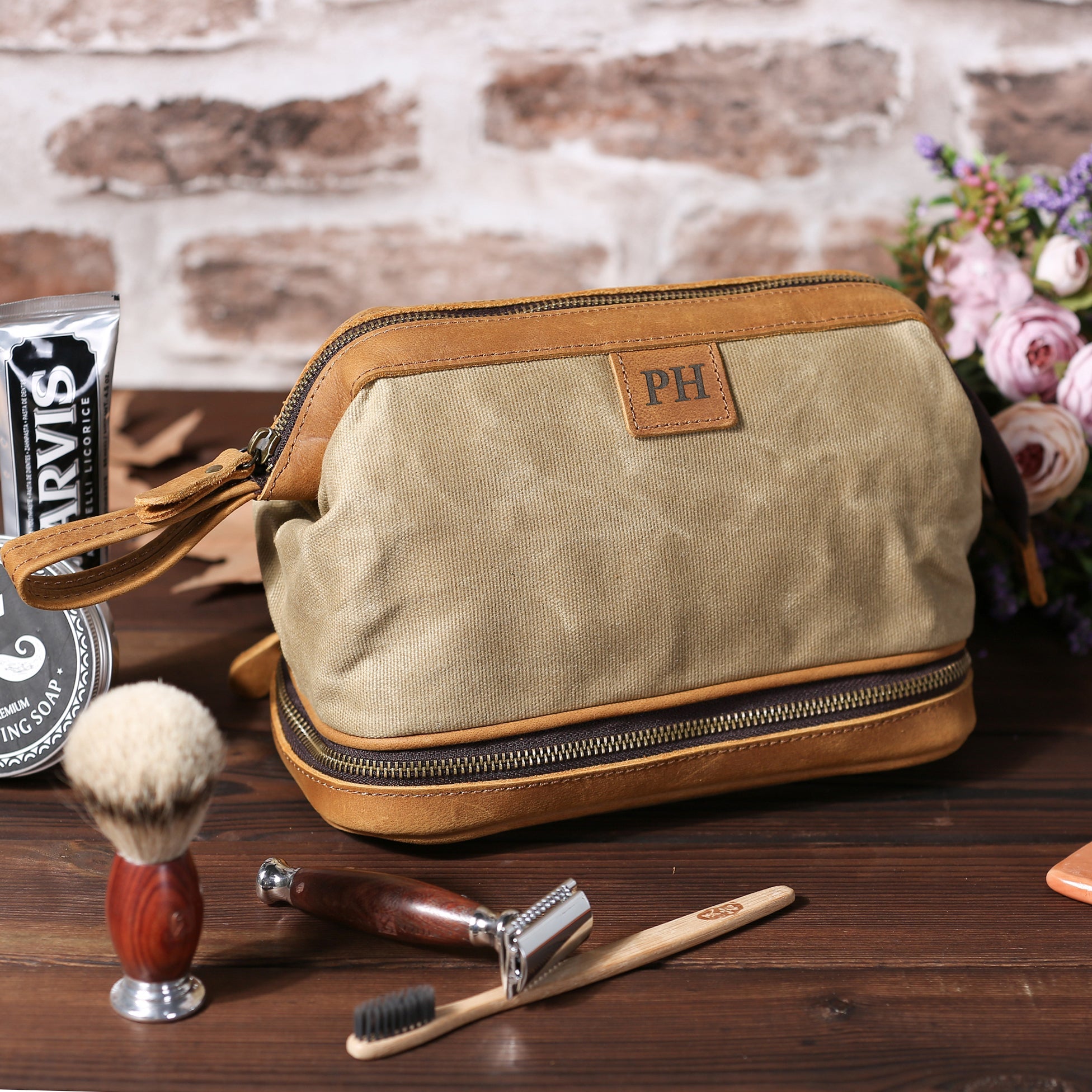 Personalized Waxed Canvas Dopp Kit Mens Toiletry Bag