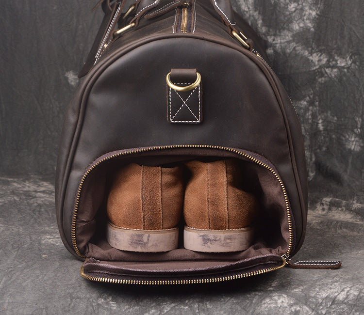 Vintage Crazy Horse Leather Duffle Bag with Shoes Compartment, Travel Bag, Weekend Bag