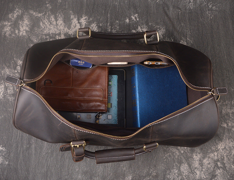 Vintage Crazy Horse Leather Duffle Bag with Shoes Compartment, Travel Bag, Weekend Bag