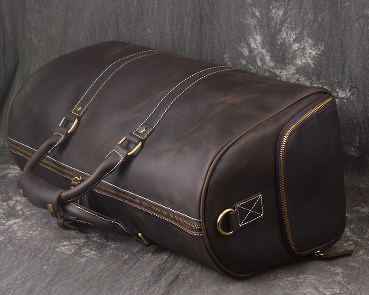 Vintage Crazy Horse Leather Duffle Bag with Shoes Compartment, Travel Bag, Weekend Bag