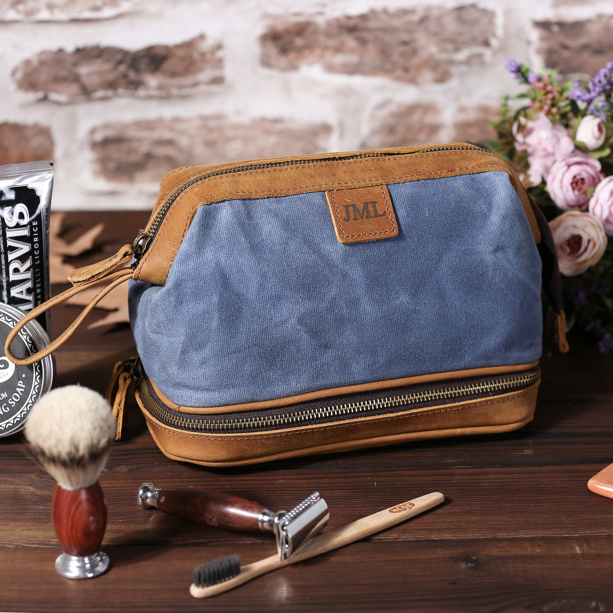 Personalized Waxed Canvas Dopp Kit Mens Toiletry Bag