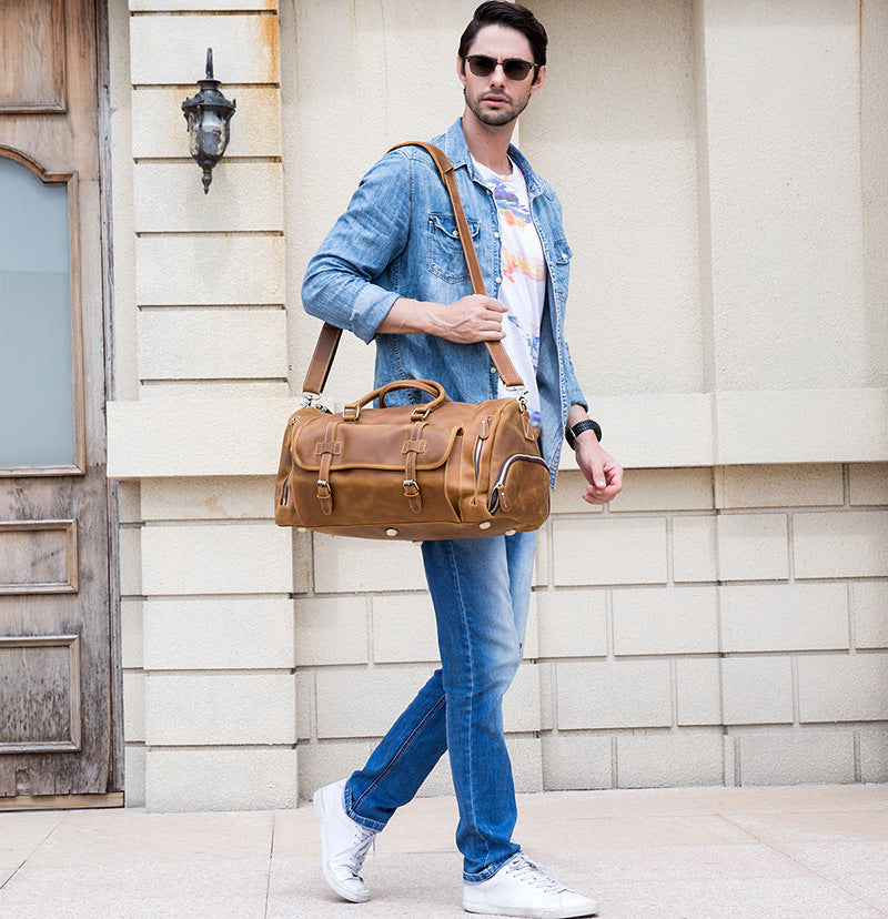 Vintage Leather Weekend Bag with Shoes Compartment, Crazy Horse Leather Duffle Bag, Large Travel Bag