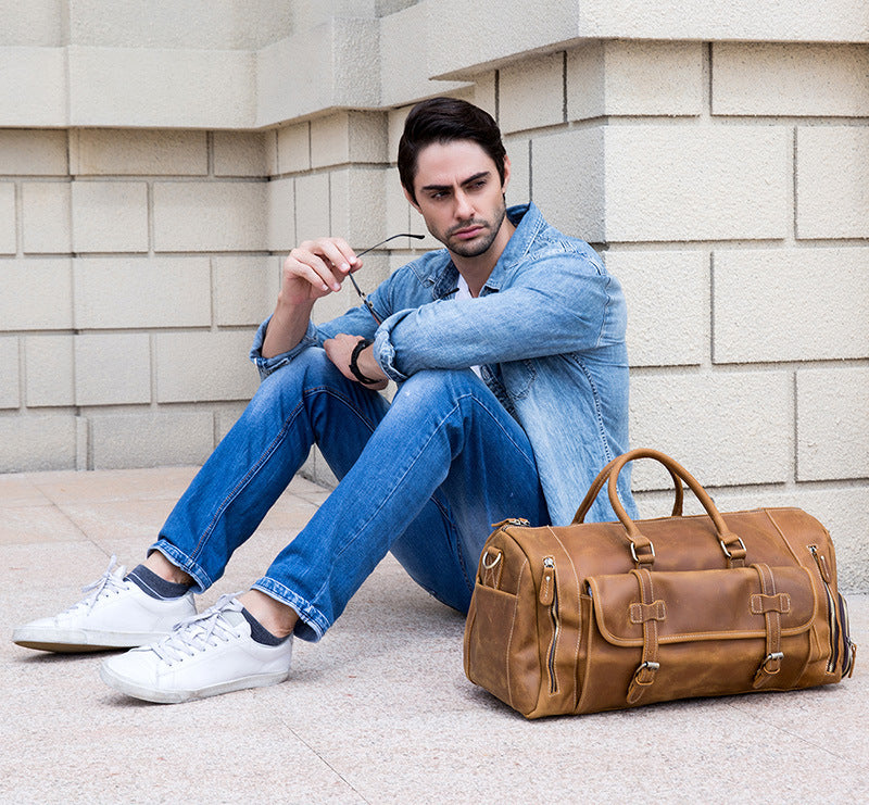 Vintage Leather Weekend Bag with Shoes Compartment, Crazy Horse Leather Duffle Bag, Large Travel Bag