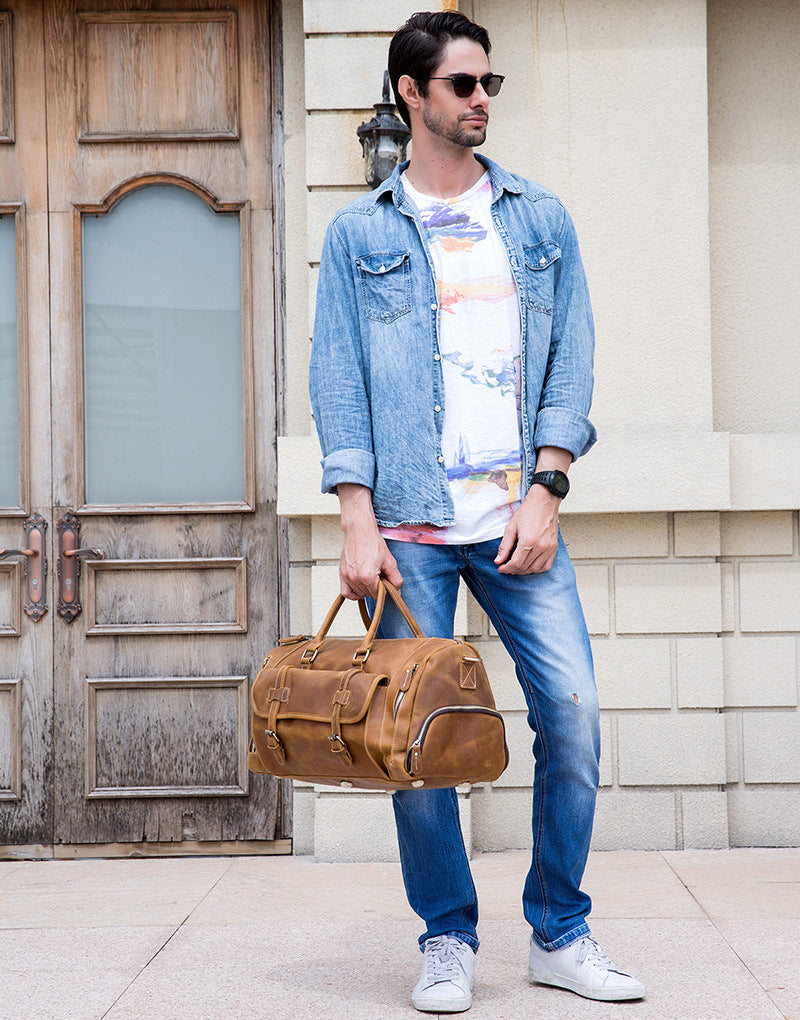 Vintage Leather Weekend Bag with Shoes Compartment, Crazy Horse Leather Duffle Bag, Large Travel Bag