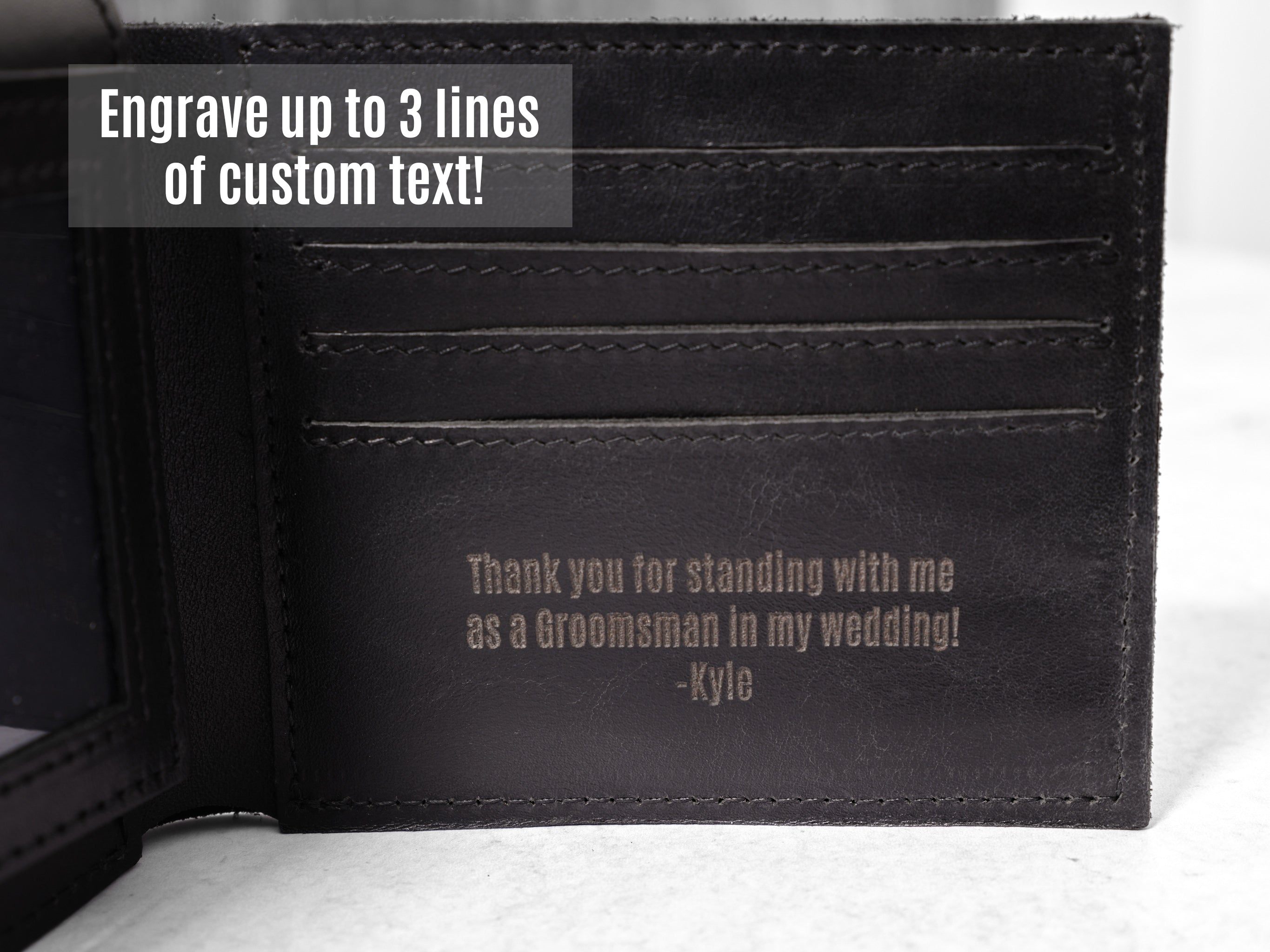 Black Leather Wallet with 3 Lines of Engraving Text