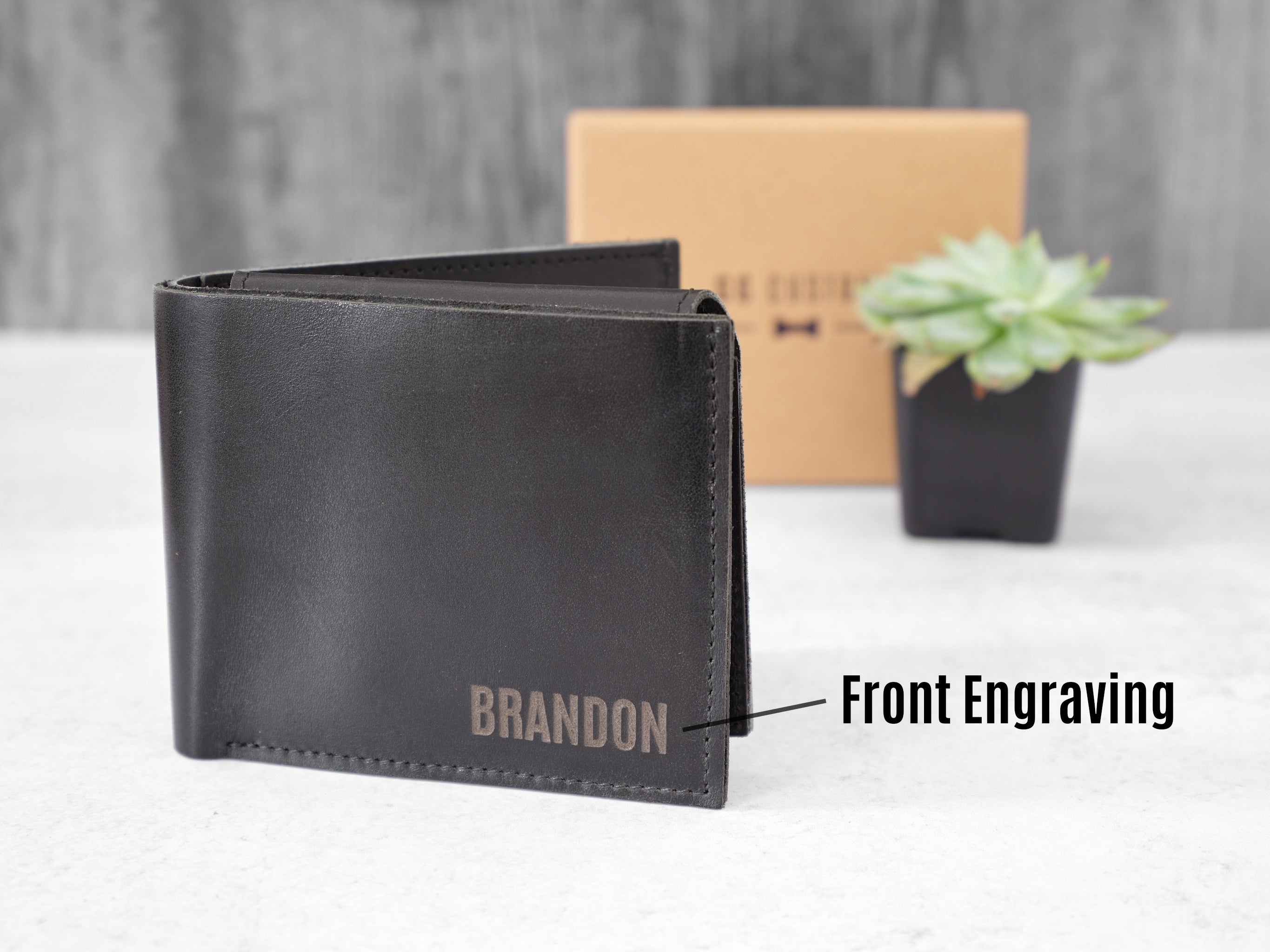 Black Leather Wallet with Name Engraving