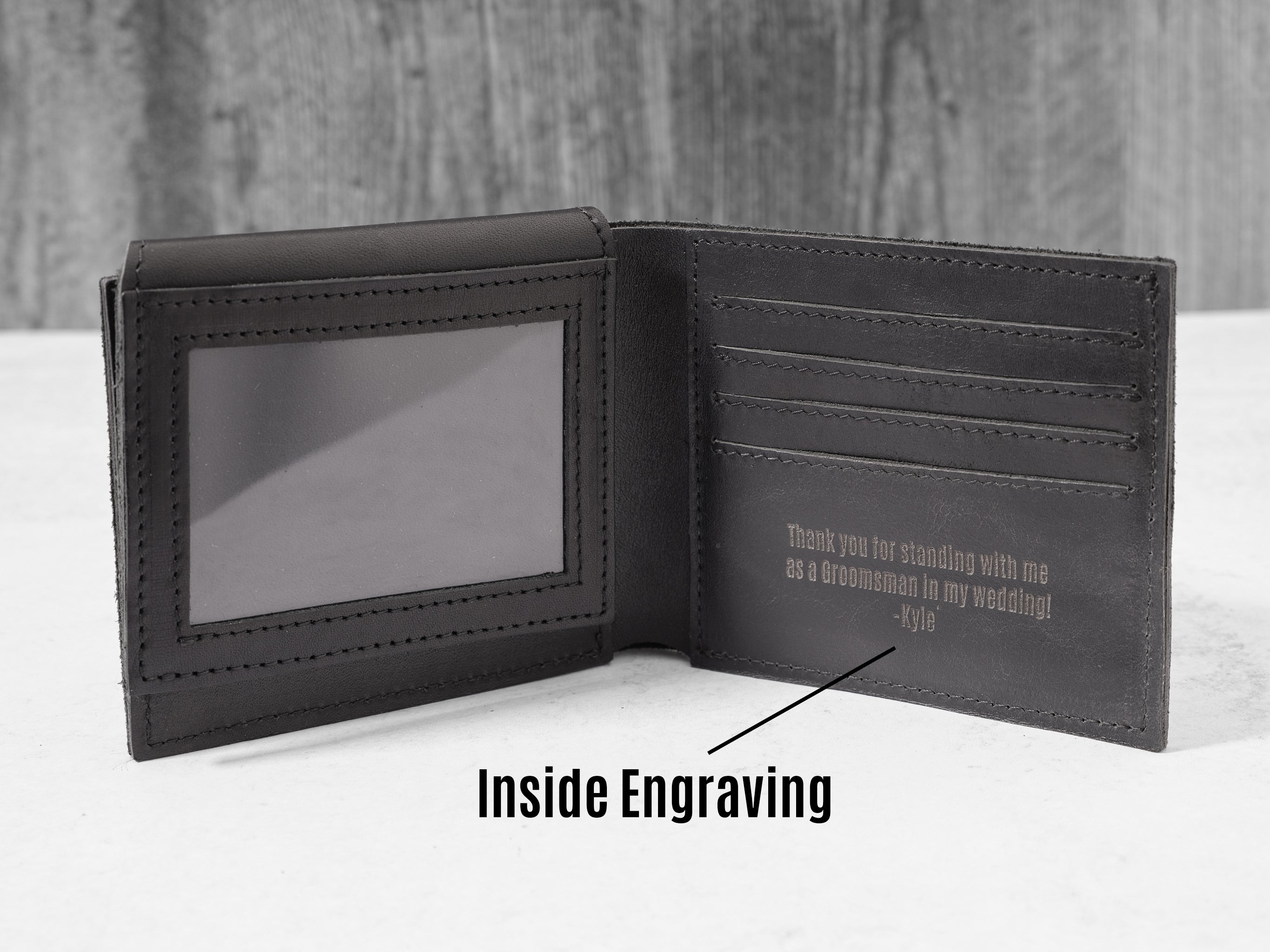 Black Leather Bifold Wallet with Custom Engraving Message