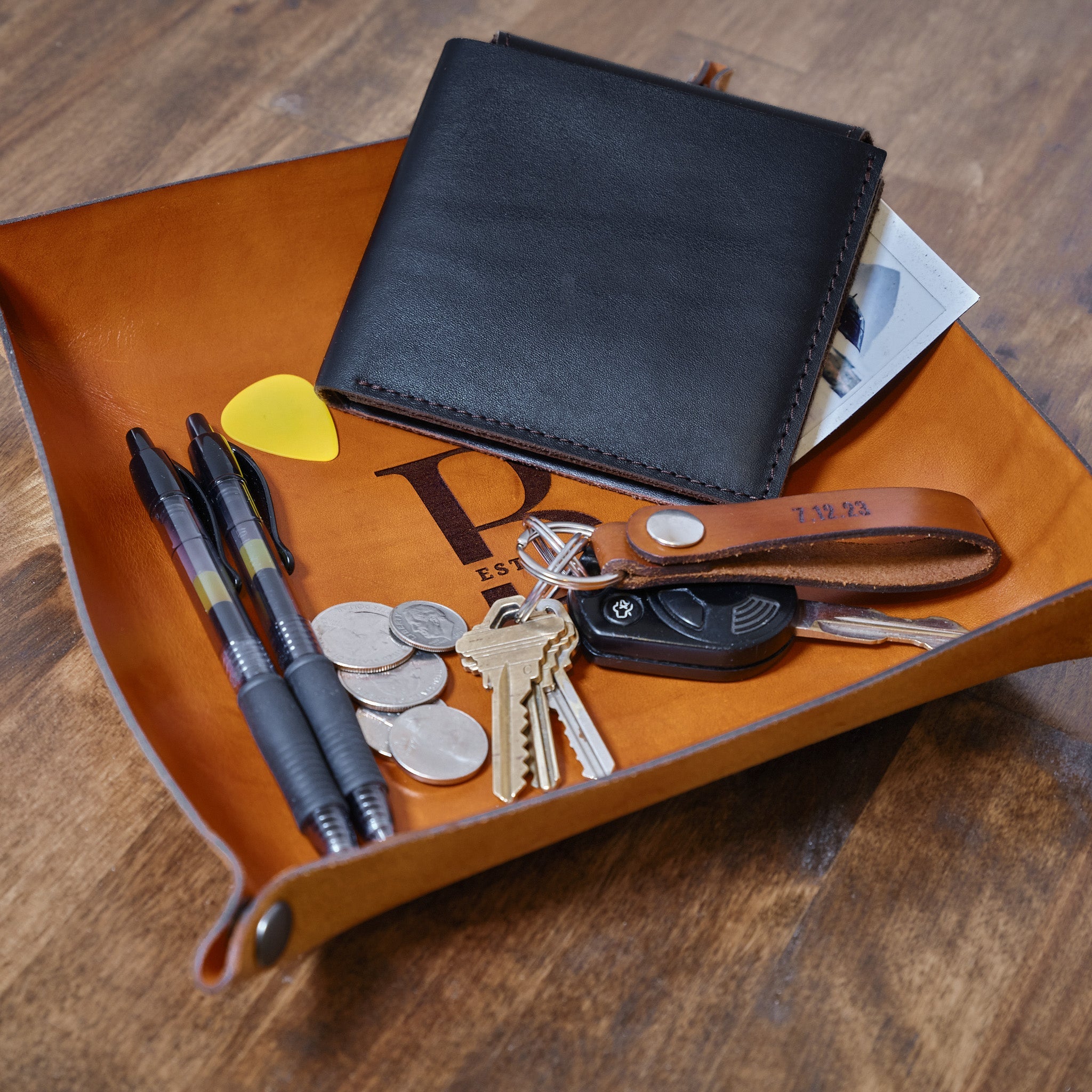 Custom Tan Catchall Valet Tray with Keys and Wallet