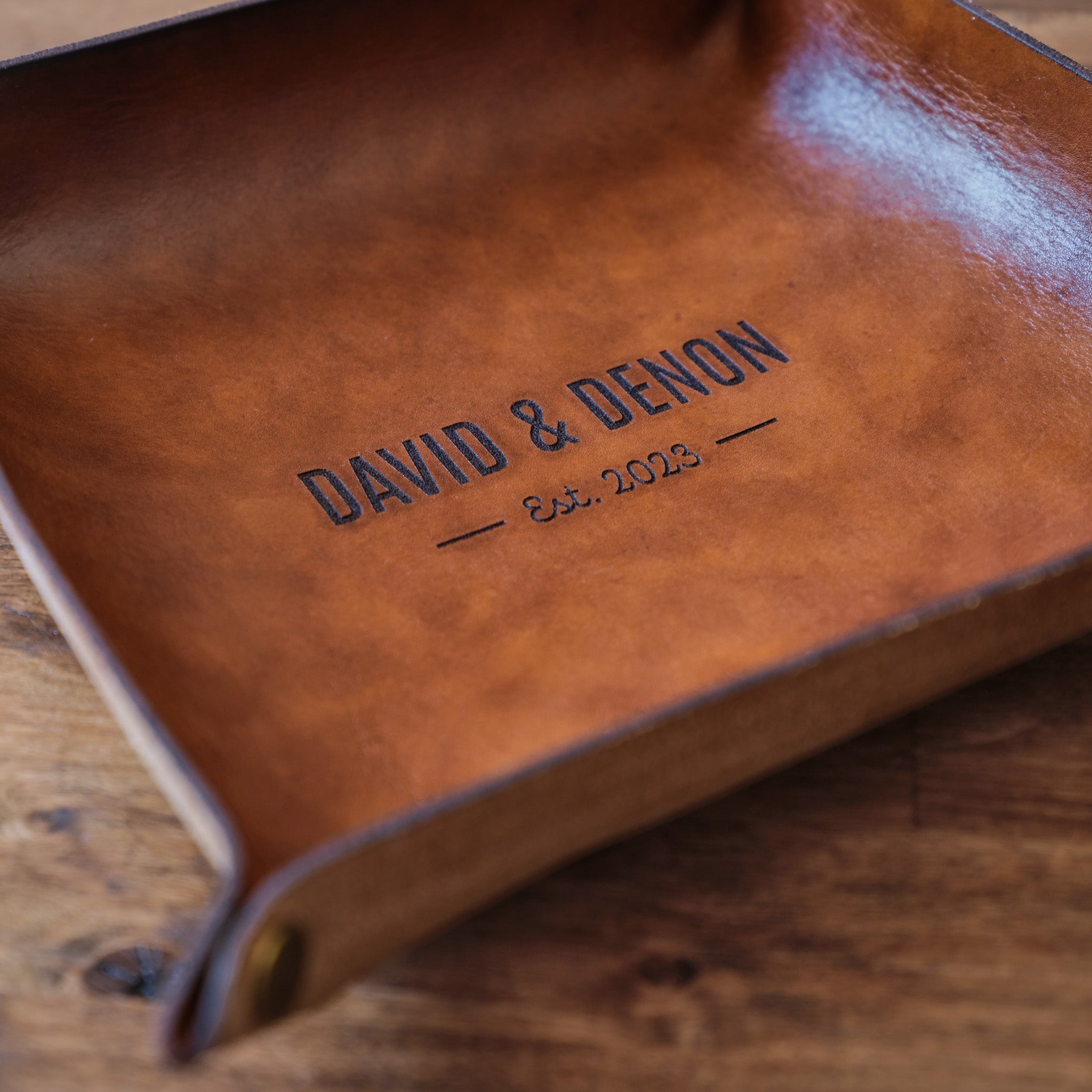 Brown Leather Catch All Tray with Engraving Closeup