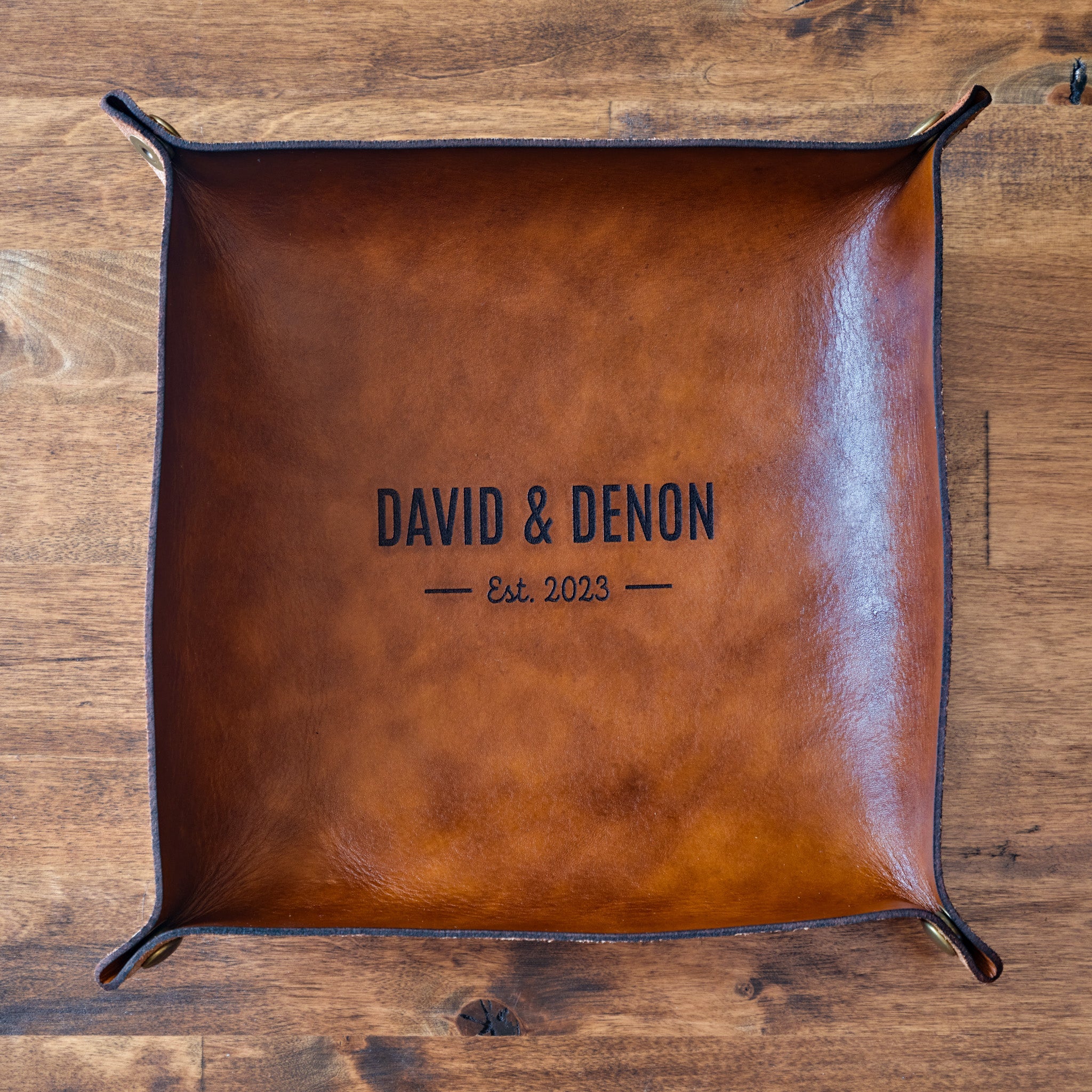 Brown Leather Catchall Valet Tray with Custom Engraving