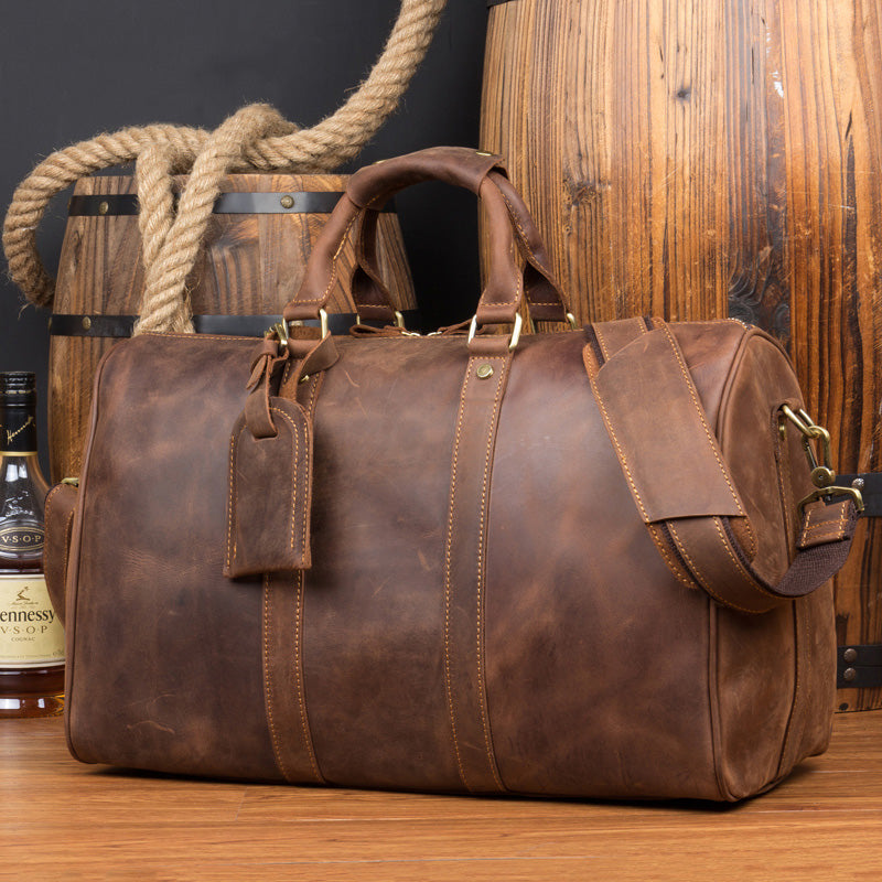 Crazy Horse Leather Travel Bag Men Duffel Bag Retro Overnight Bag Weekender Bag MSG1144 - ROCKCOWLEATHERSTUDIO