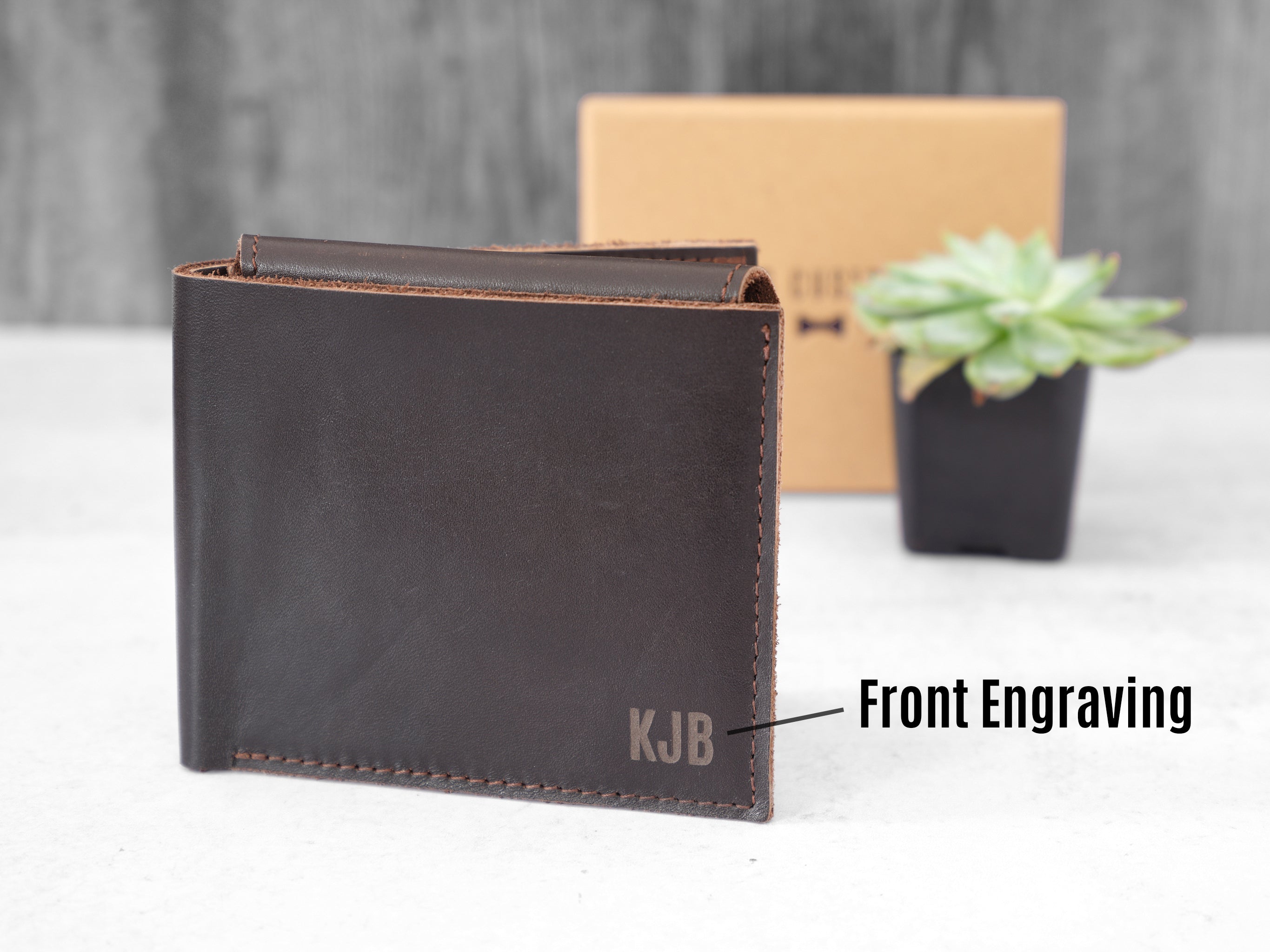 Espresso Brown Leather Wallet with Name Engraving