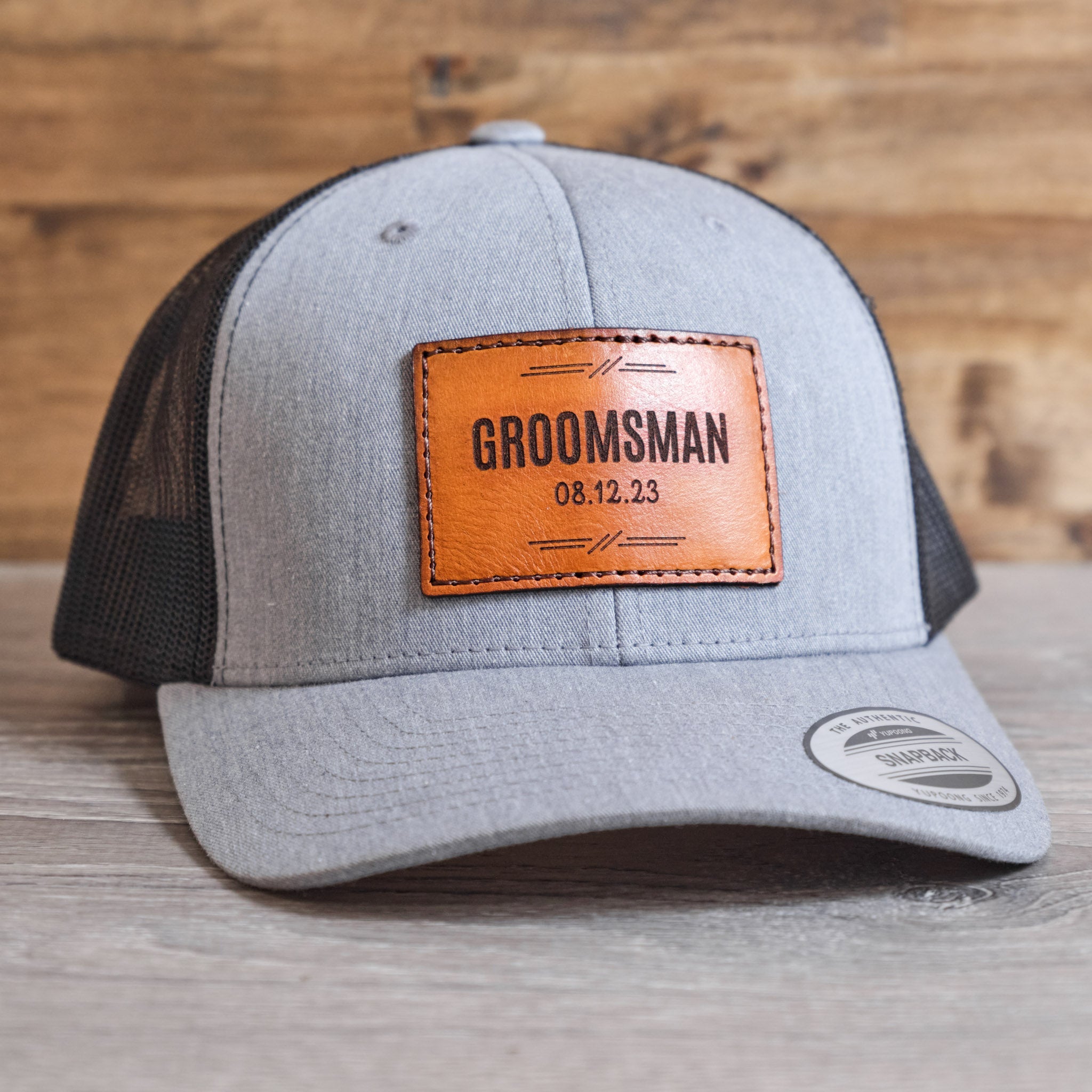 Custom Wedding Party Groomsmen Hat with Engraved Tan Patch