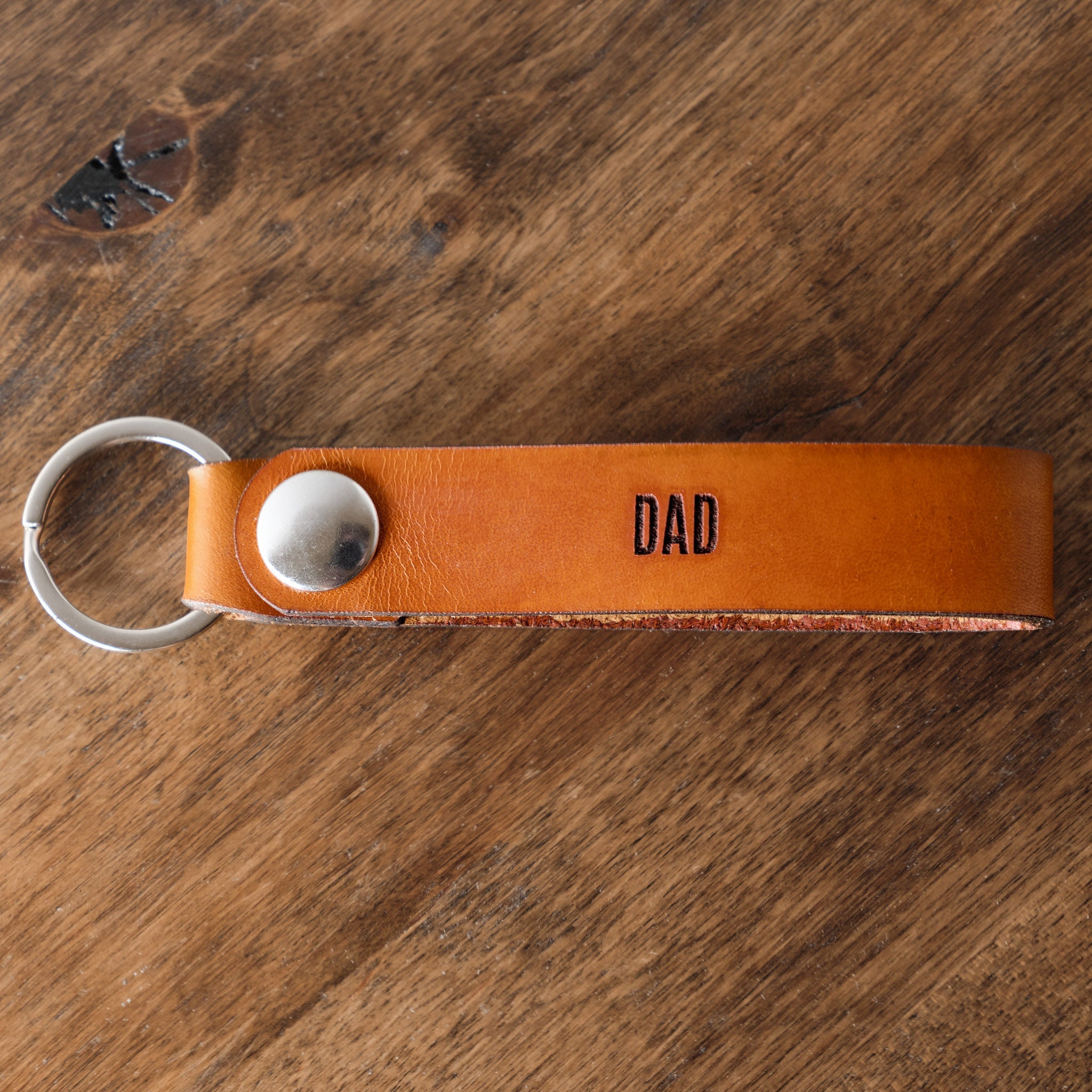 Tan Leather Keychain With Custom Personalized Engraving for Groom or Groomsmen Gift Front