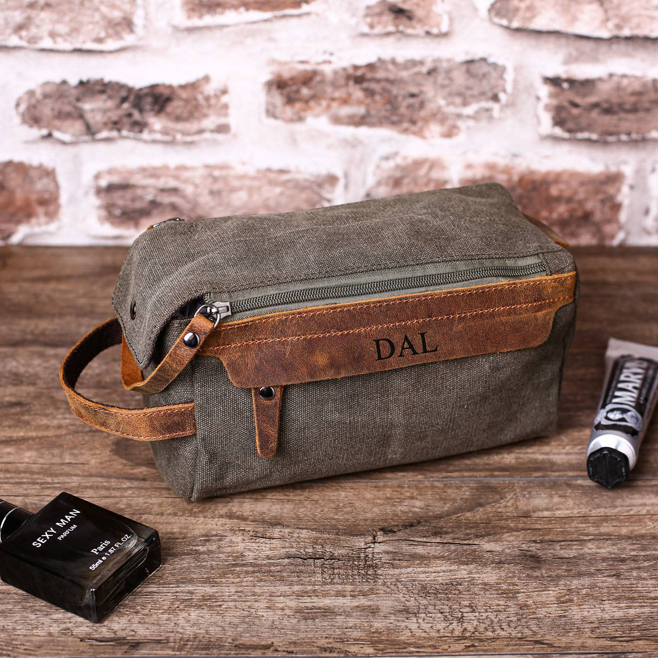 Personalized Mens Toiletry Bag Leather Toiletry Bag Father's Day Gift Canvas Dopp Kit Groomsmen Gift - NaturalLeatherShop