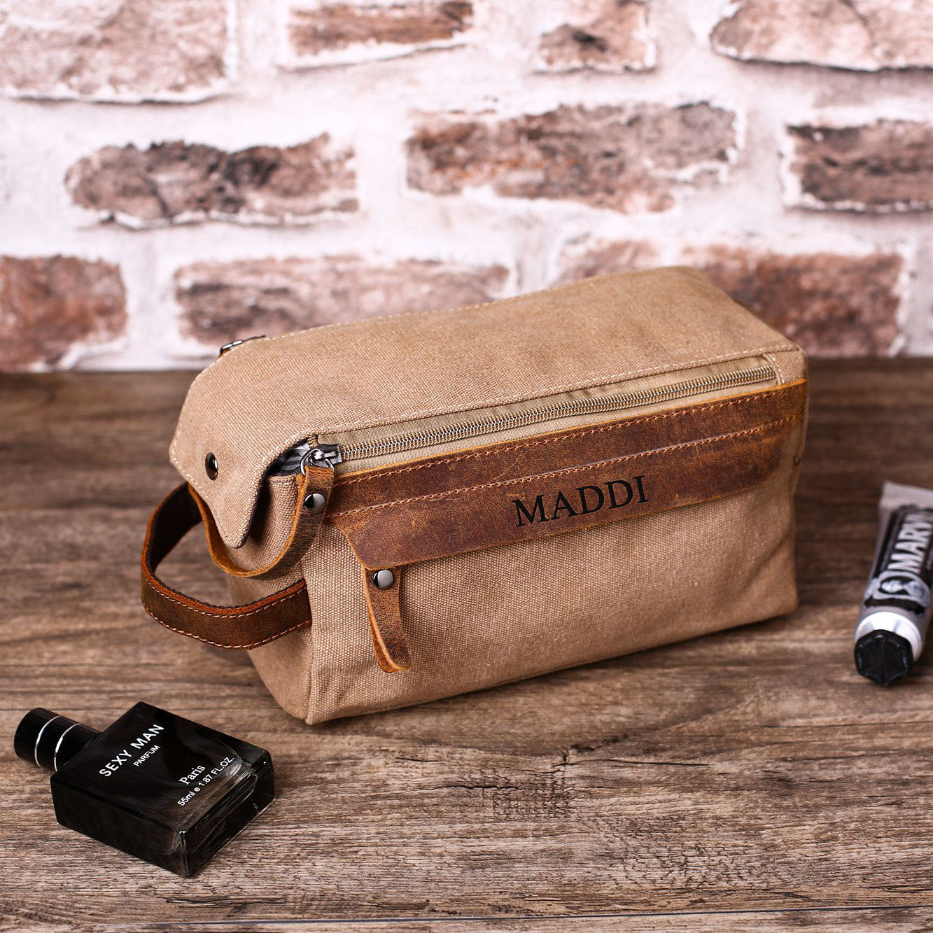 Personalized Mens Toiletry Bag Leather Toiletry Bag Father's Day Gift Canvas Dopp Kit Groomsmen Gift - NaturalLeatherShop